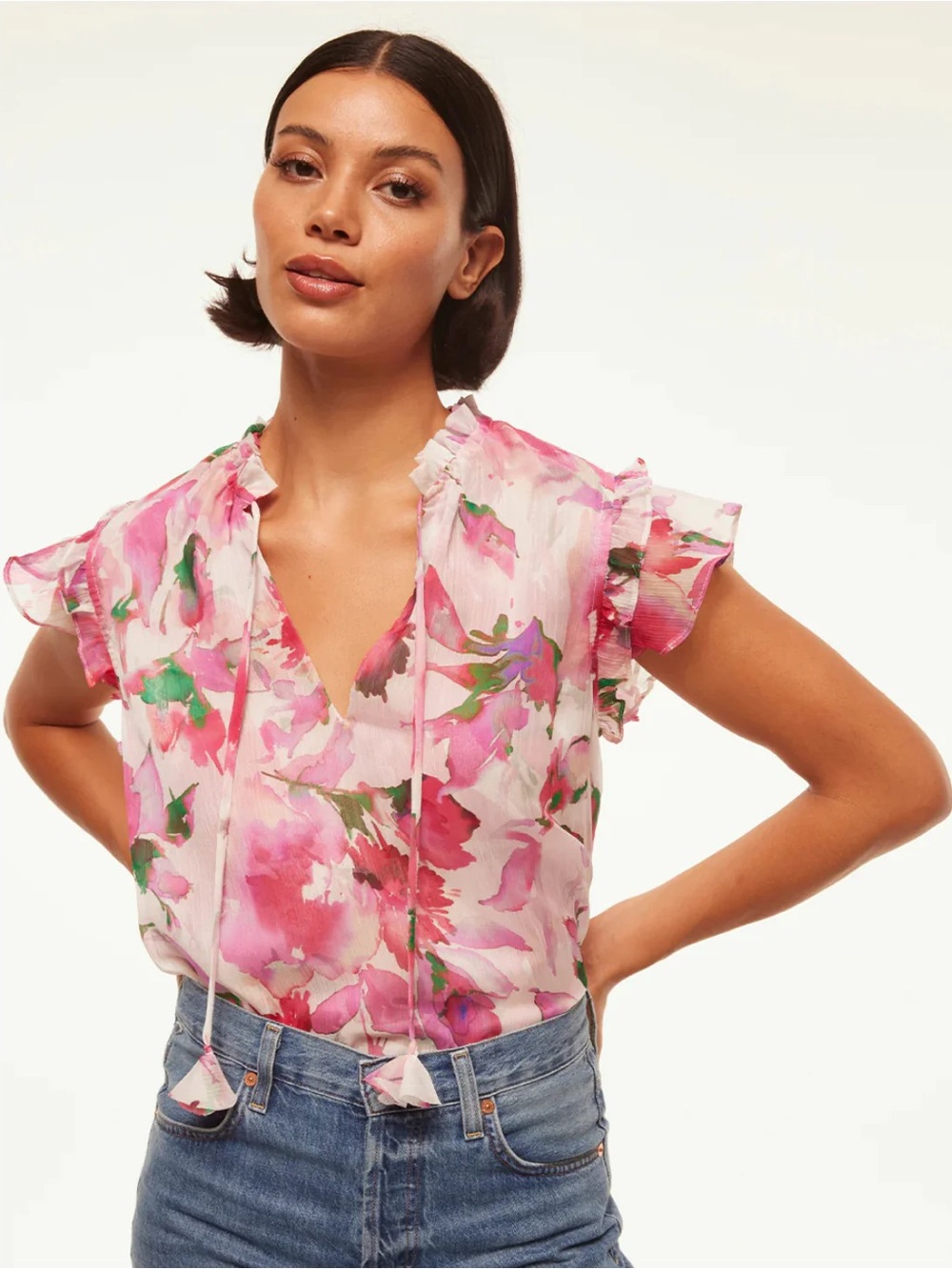 Misa Los Angeles Basia Pink Floral Ruffle Tie V-Neck Blouse